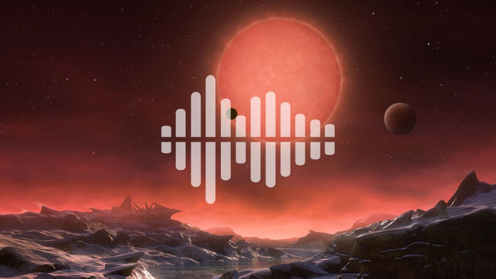 artist’s impression of the view from the surface one of the three planets orbiting an ultracool dwarf star with podcast symbol overlay